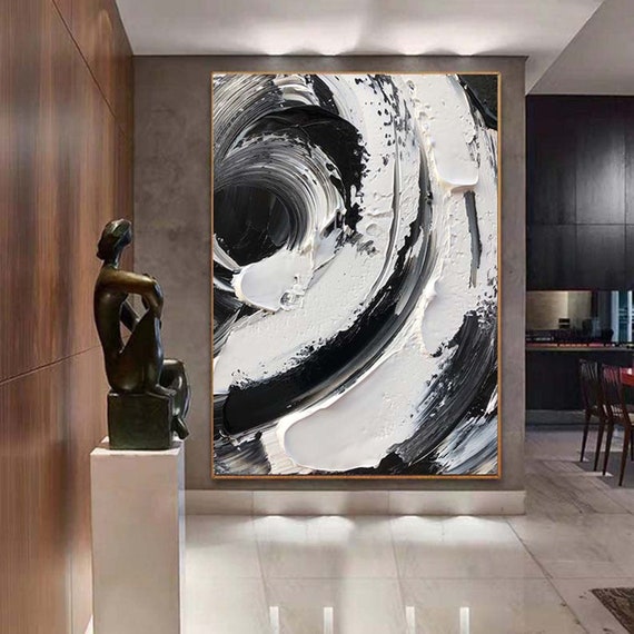 Dipinto A Olio Astratto NANKAI 100x70 Cm - Bianco E Nero Minimalista, Quadro Moderno Dipinto A Mano Su Tela