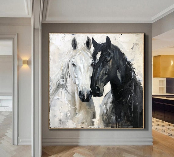 White & Black Horse Oil Painting,horse Painting Original,animal