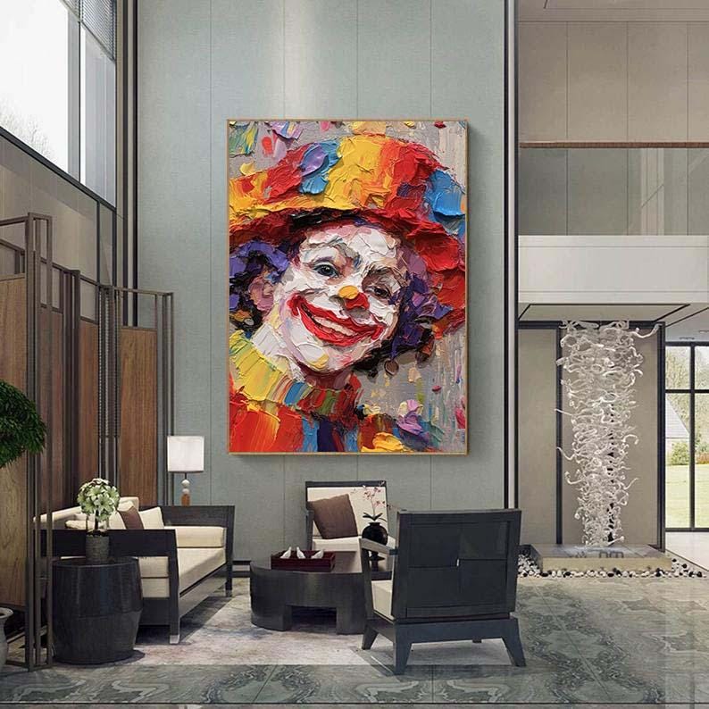 抽象的なピエロの油彩画 大型オリジナルテクスチャピエロ油絵鮮やかな抽象的なピエロの肖像画