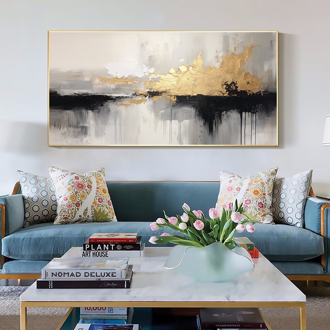 Black and White Abstract Texture Painting Large Black and White Gold ...