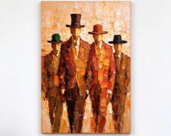 Hand Painted Original Art, Abstract Men with Hats Wall Decor, Palette Knife Textured Canvas, Warm Earthy Tones, Housewarming Gift