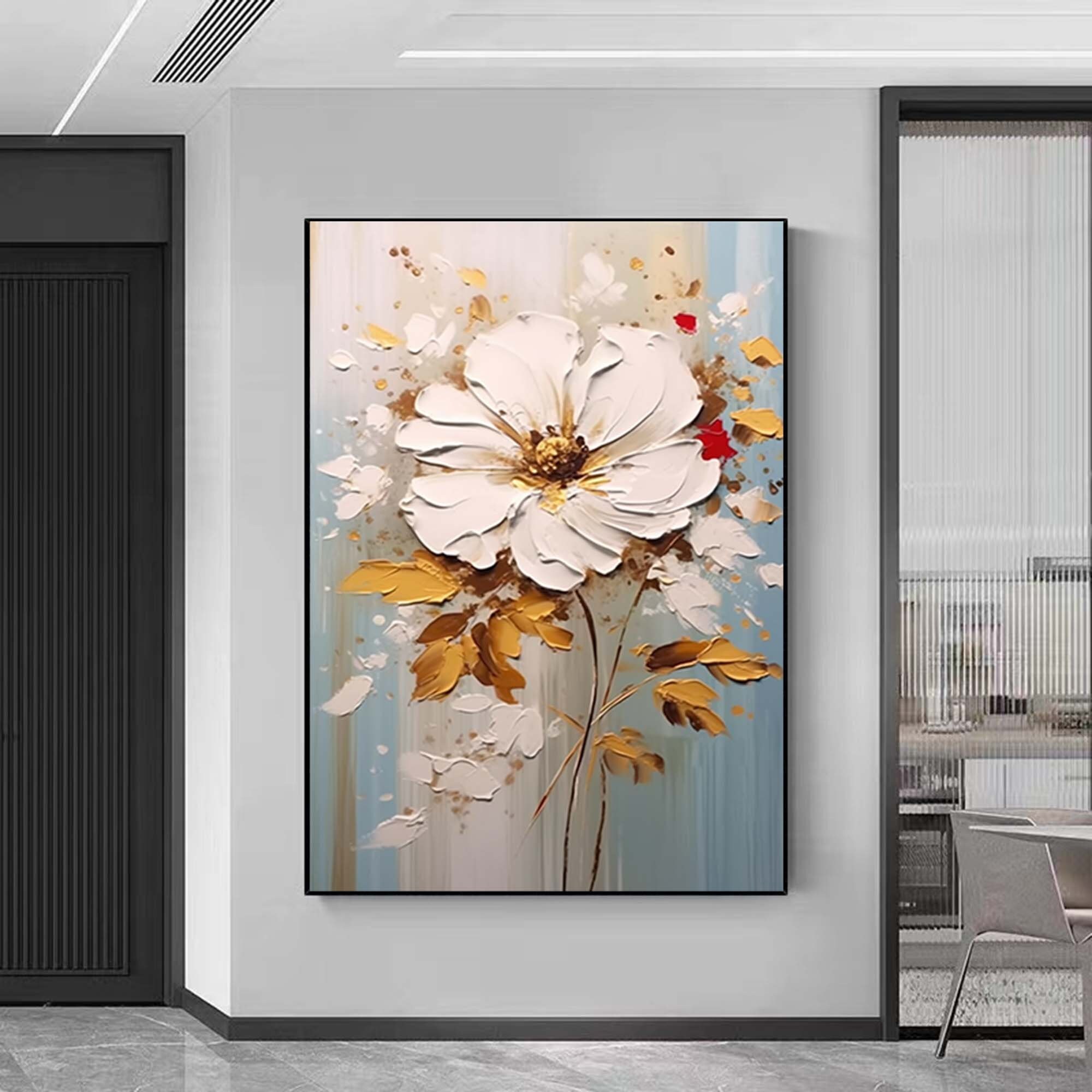 キャンバスに描かれた大きな抽象的な花の油絵、オリジナルのテクスチャ