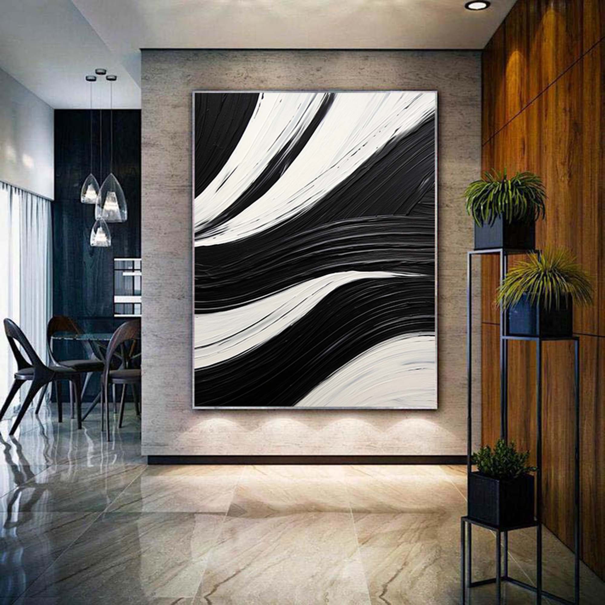 Minimalist Black and White Abstract Oil Painting Black and White Wall ...