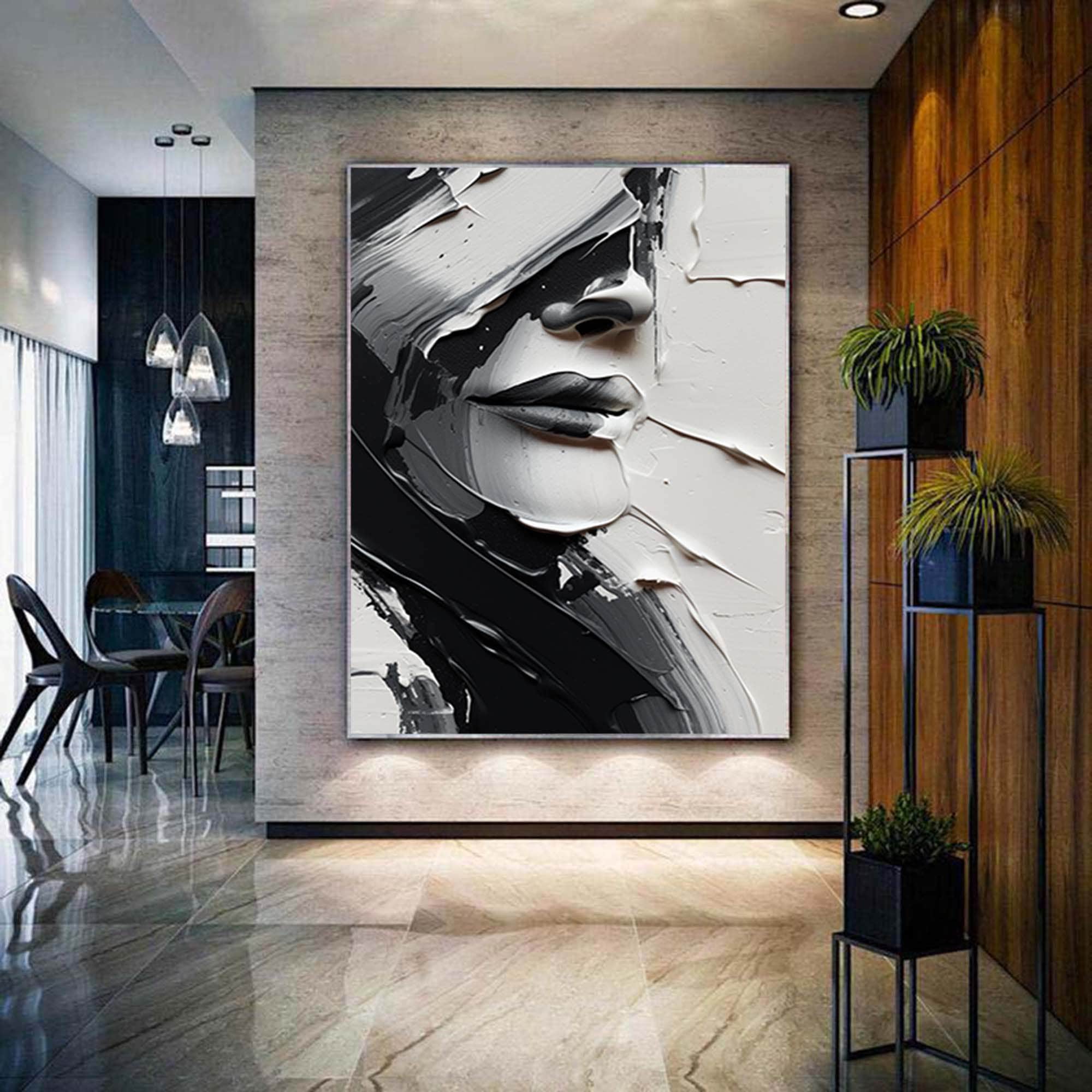 Abstract Black and White Face Oil Painting, Black White Wall Art, Large ...