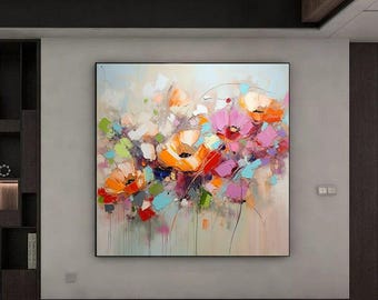 キャンバスに描かれた抽象的な花の油絵：カラフルな花のアート
