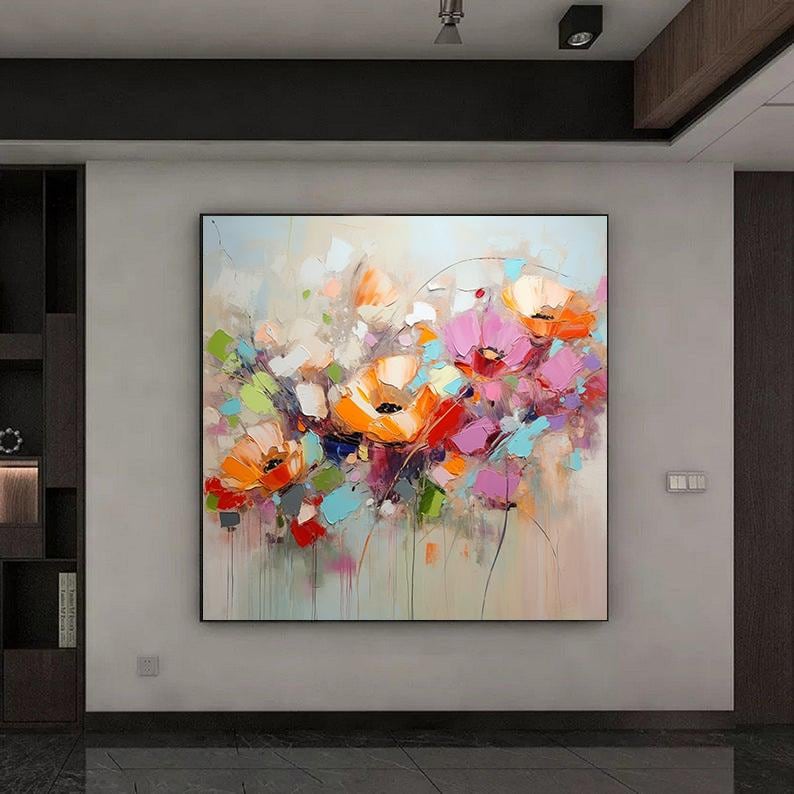 キャンバスに描かれた抽象的な花の油絵：カラフルな花のアート