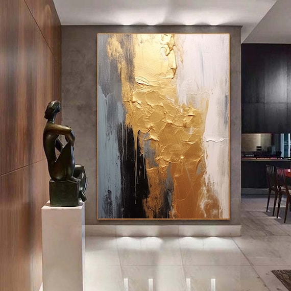 Abstract Painting Canvas Gold Leaf Wall Art Gold Leaf Canvas Art Contemporary Wall Art Gold Painting Oversize Wall Art Living Room Decor