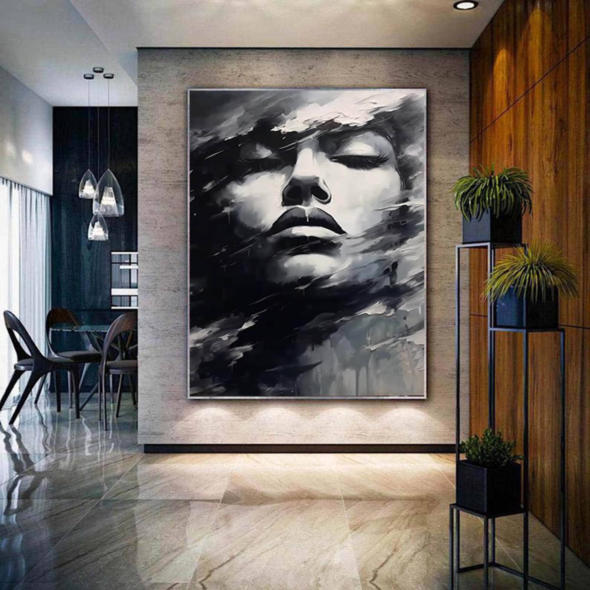 Abstract Black and White Face Oil Painting,black Art Woman Face Artwork ...
