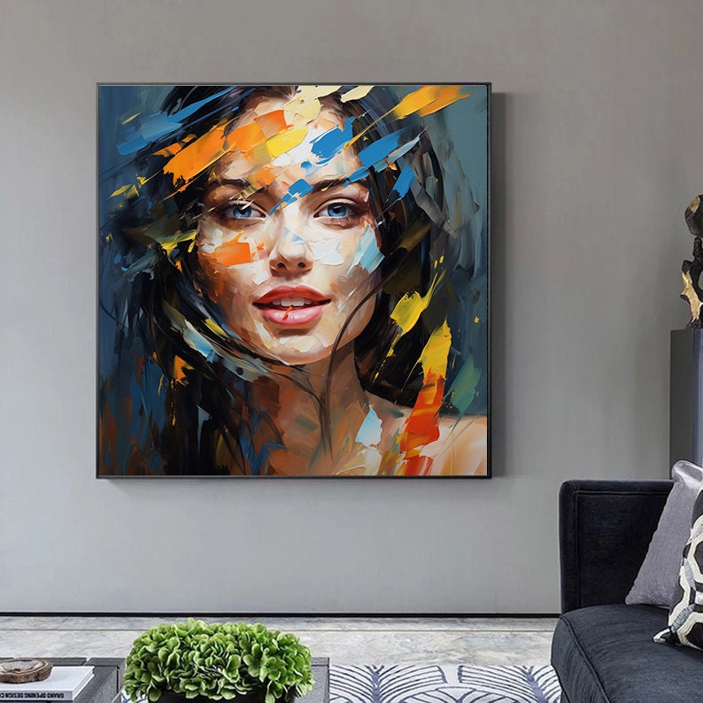 Woman Face Artwork Colorful Abstract Facial Oil Painting,textured