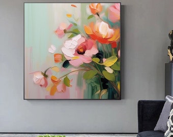 抽象的な花の咲く絵画、キャンバスに描かれた大きなオリジナルの花の