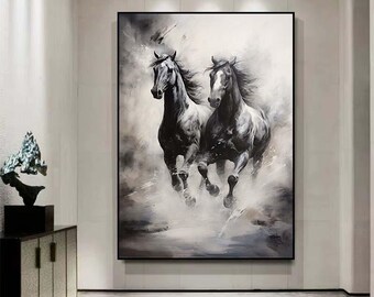 油絵 キャンバス画 馬 モノクロ F8号 大きな印象派の馬の油絵 キャンバス、馬の油絵 馬の壁アート 馬の抽象
