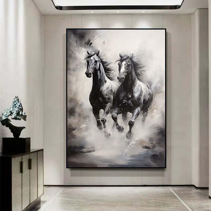 油絵 キャンバス画 馬 モノクロ F8号 大きな印象派の馬の油絵 キャンバス、馬の油絵 馬の壁アート 馬の抽象