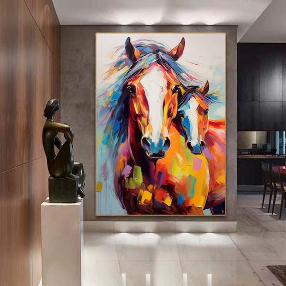 キャンバスに描かれた馬油テクスチャー絵画、馬の絵画オリジナル、動物