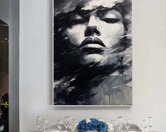 抽象的な白黒の顔の油絵、黒のアート女性の顔のアートワーク顔のない