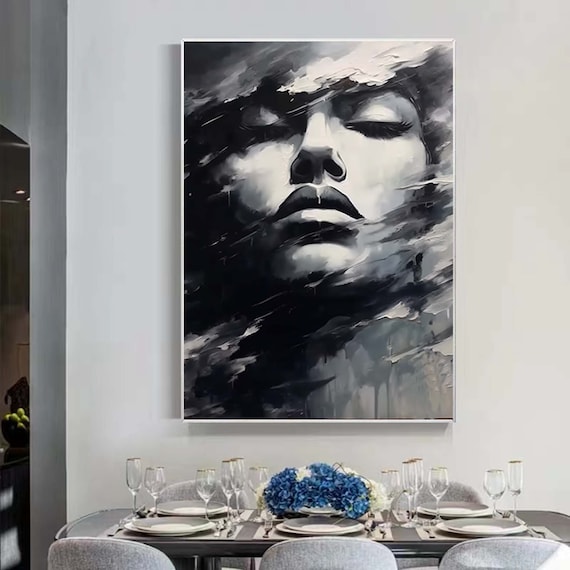 抽象的な白黒の顔の油絵、黒のアート女性の顔のアートワーク顔のない