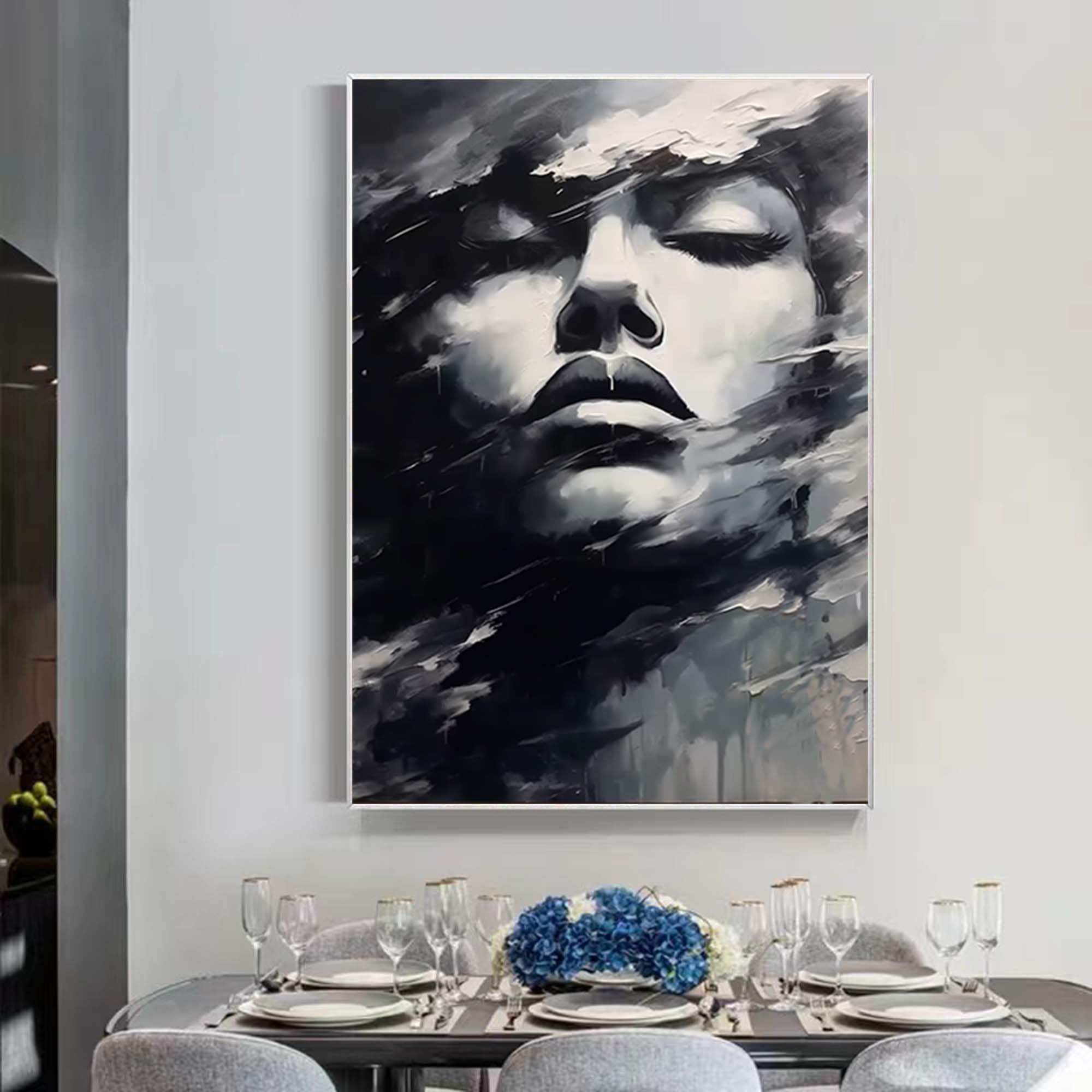 抽象的な白黒の顔の油絵、黒のアート女性の顔のアートワーク顔のない