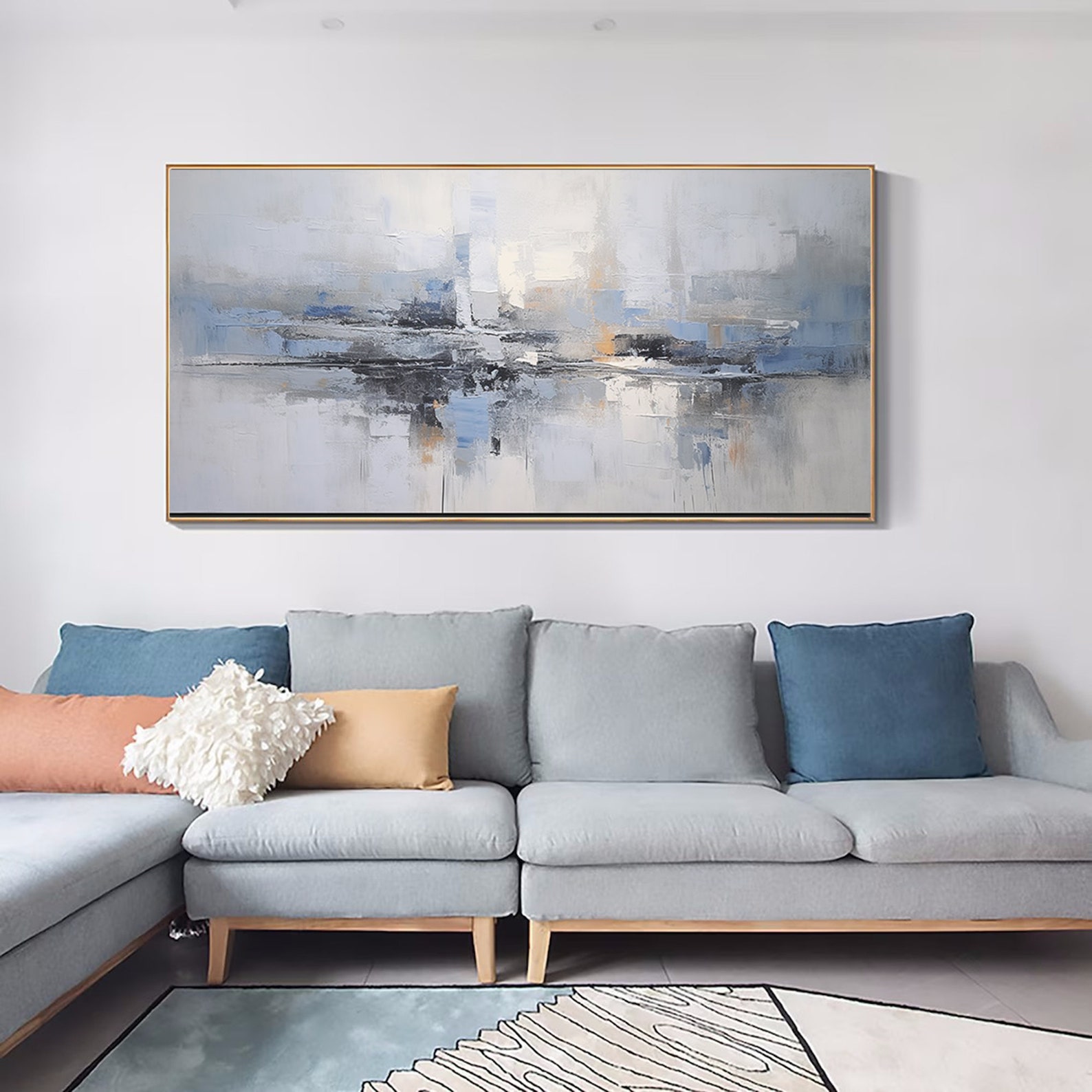 Blue and Gray Canvas Art Oversized Painting Gray Abstract Painting ...