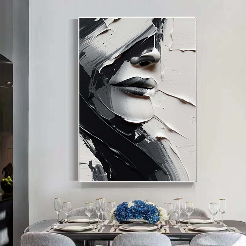 Abstract Black and White Face Oil Painting, Black White Wall Art, Large ...