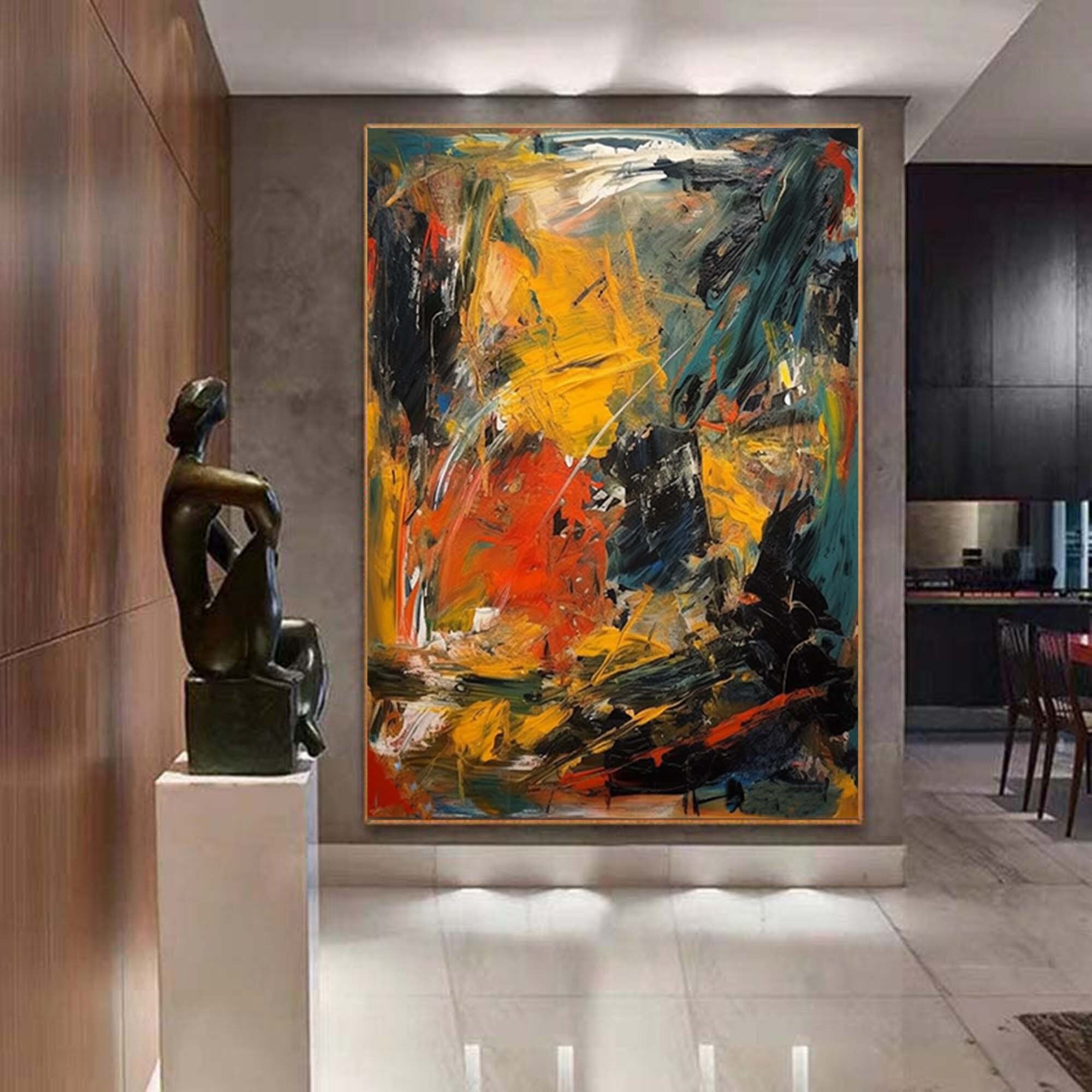 大きな黄色の抽象画、オリジナルのオレンジ色の抽象画、現代アート