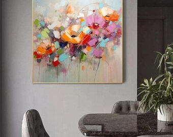 キャンバスに描かれた抽象的な花の油絵：カラフルな花のアート