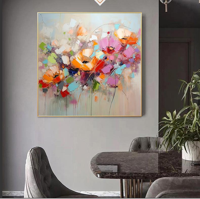 キャンバスに描かれた抽象的な花の油絵：カラフルな花のアート