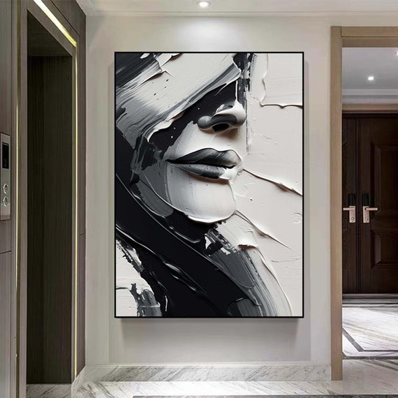 抽象的な白黒の顔の油絵、白黒の壁アート、大きな白黒の絵画、額入りの