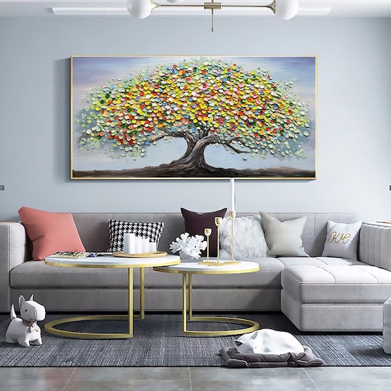 Original Tree Painting on Canvas, Large Abstract Gold Gray Big