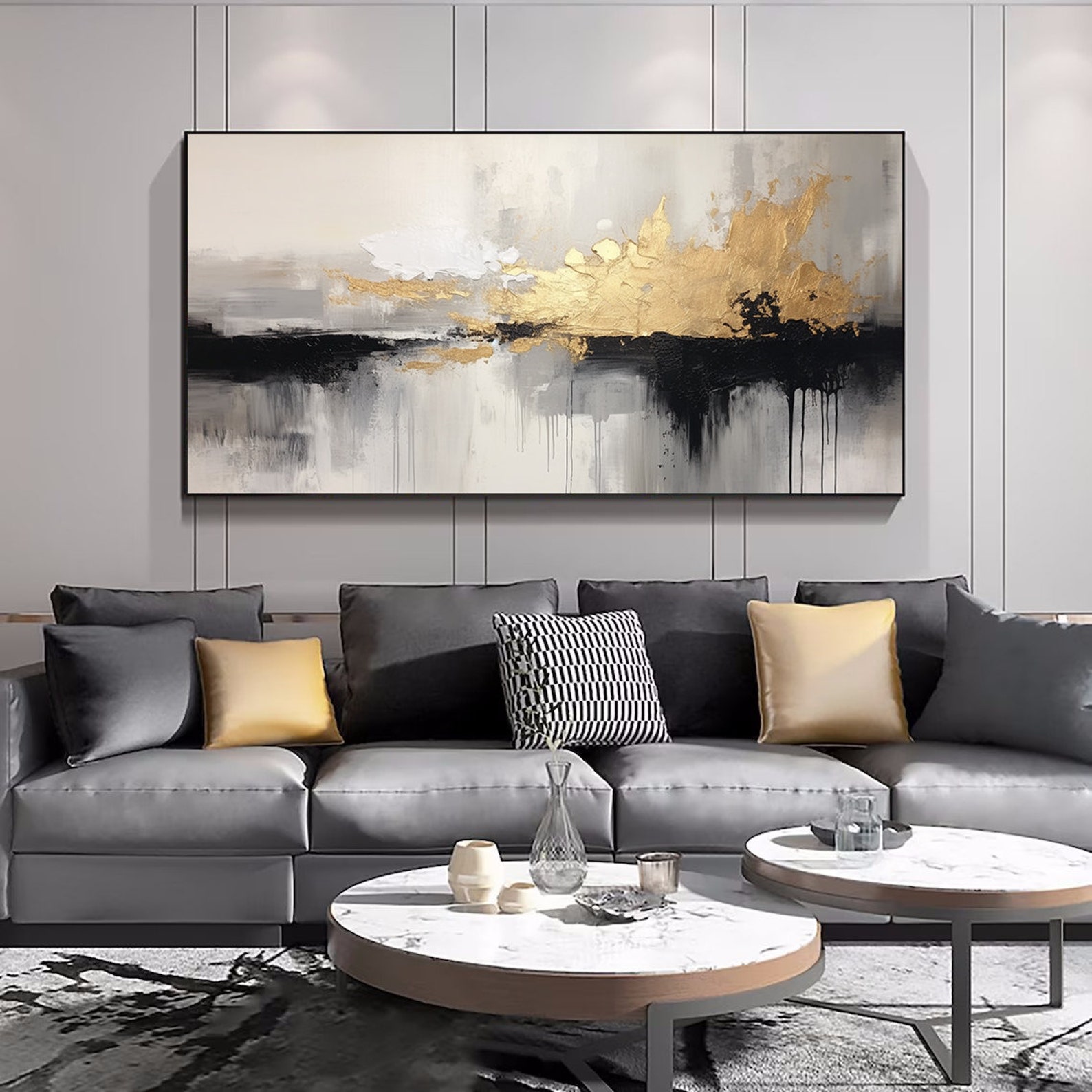 Black and White Abstract Texture Painting Large Black and White Gold ...