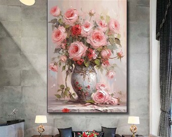 キャンバスに描かれた抽象的なピンクのバラの油絵、オリジナルの咲く花