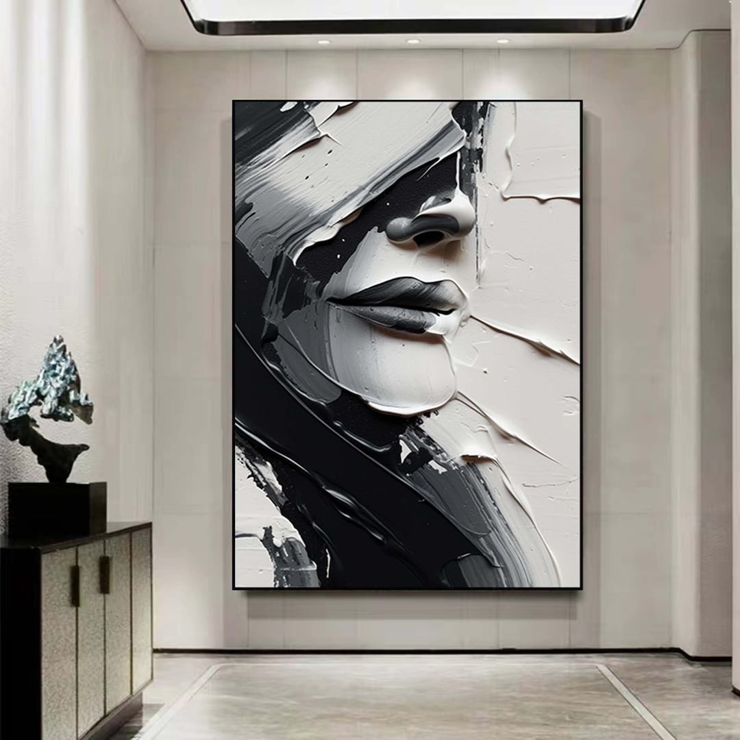 抽象的な白黒の顔の油絵、白黒の壁アート、大きな白黒の絵画、額入りの