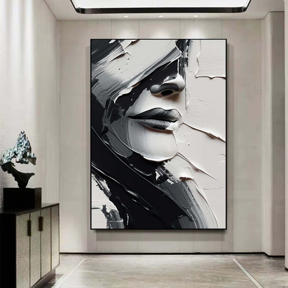 抽象的な白黒の顔の油絵、白黒の壁アート、大きな白黒の絵画、額入りの