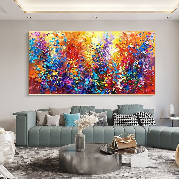 大型現代壁アート、カラフルな抽象油絵、リビングルーム用の赤青絵画