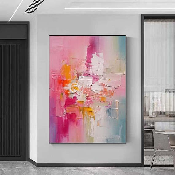 Pink handmade painting,Large colorful abstract oil painting, modern office art, living room wall decoration Contemporary Abstract Canvas Art