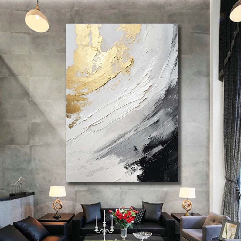 Black and White Texture Wall Art Gold Abstract Painting on Canvas ...