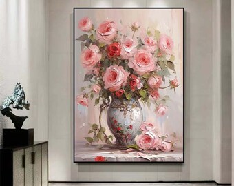 キャンバスに描かれた抽象的なピンクのバラの油絵、オリジナルの咲く花
