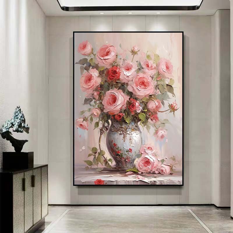 キャンバスに描かれた抽象的なピンクのバラの油絵、オリジナルの咲く花