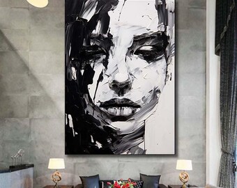 大きな白黒絵画 キャンバスに描かれたオリジナルの女性画 白黒の女性の