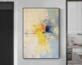 オリジナルの黄色の抽象油絵、大きなベージュの抽象画、特大の