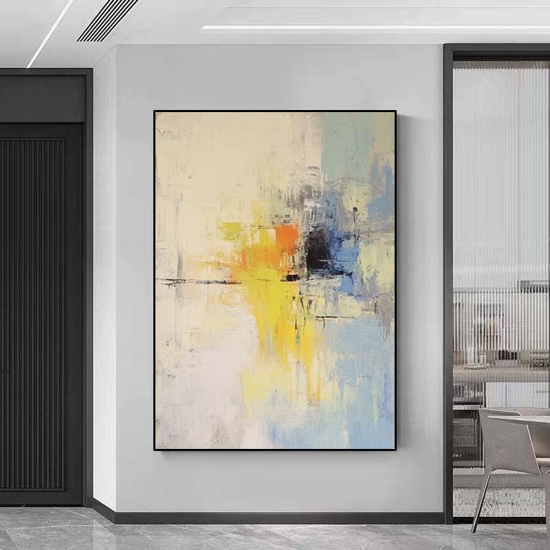 オリジナルの黄色の抽象油絵、大きなベージュの抽象画、特大の