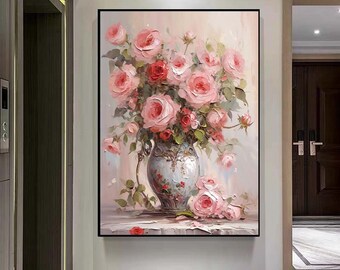 キャンバスに描かれた抽象的なピンクのバラの油絵、オリジナルの咲く花