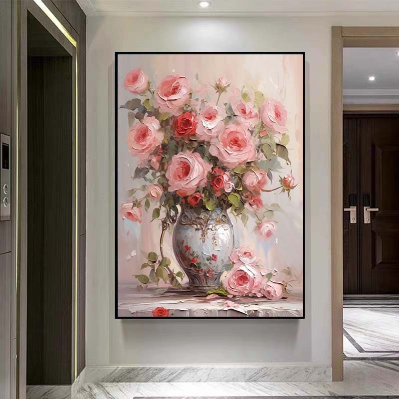 癒しのインテリアblooming joy＊ピンク系フラワーアート／キャンバス原画 キャンバスに描かれた抽象的なピンクのバラの油絵、オリジナルの咲く花