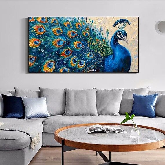 孔雀の油絵 鳥 オリジナルアート 素朴な動物 3D 厚いテクスチャ