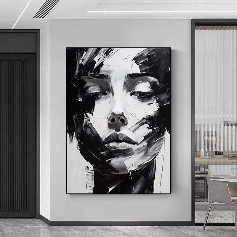 大きな白黒の顔の絵 キャンバスに描かれたオリジナルの女性の絵 白黒の