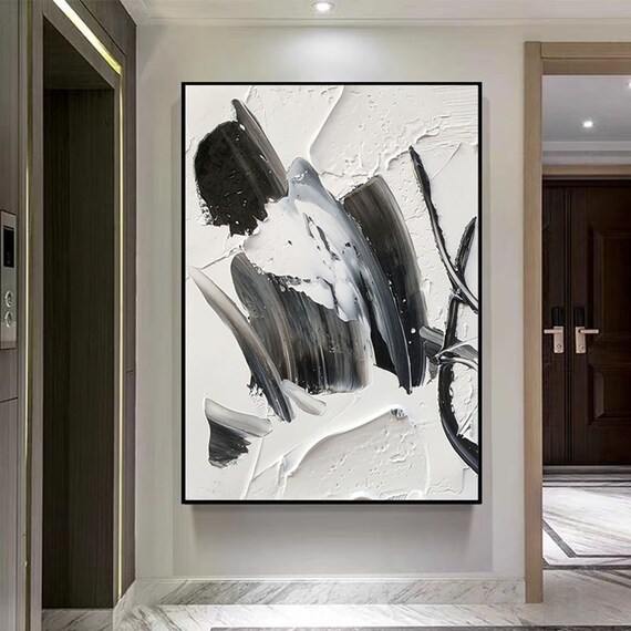 大きな抽象的な壁アートキャンバス白黒油絵、モダンな手描き油絵
