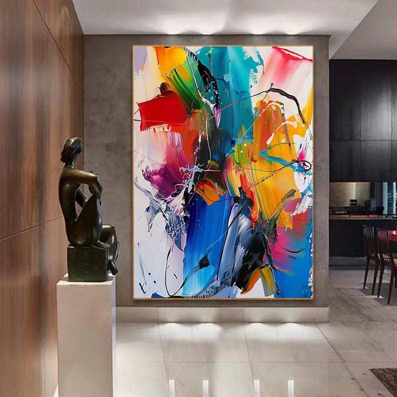 Puede incluir: Pintura abstracta con trazos audaces de color, incluyendo rojo, amarillo, azul, verde y rosa. La pintura est&aacute; sobre un lienzo blanco y tiene un estilo moderno y contempor&aacute;neo.