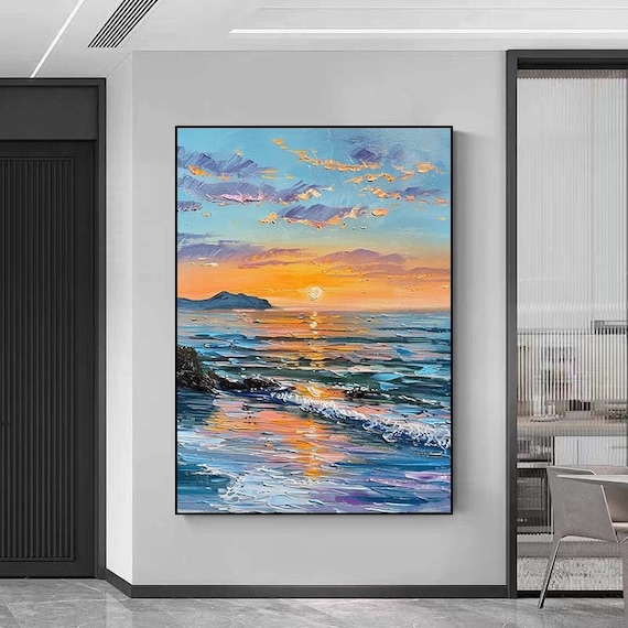 オリジナルのカラフルな海の絵画、キャンバスに描かれた大きな抽象的な