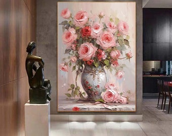 キャンバスに描かれた抽象的なピンクのバラの油絵、オリジナルの咲く花