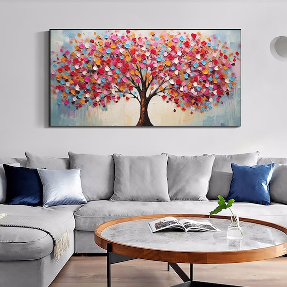 抽象的な生命の木の絵画、キャンバスに咲くカラフルな木の油絵