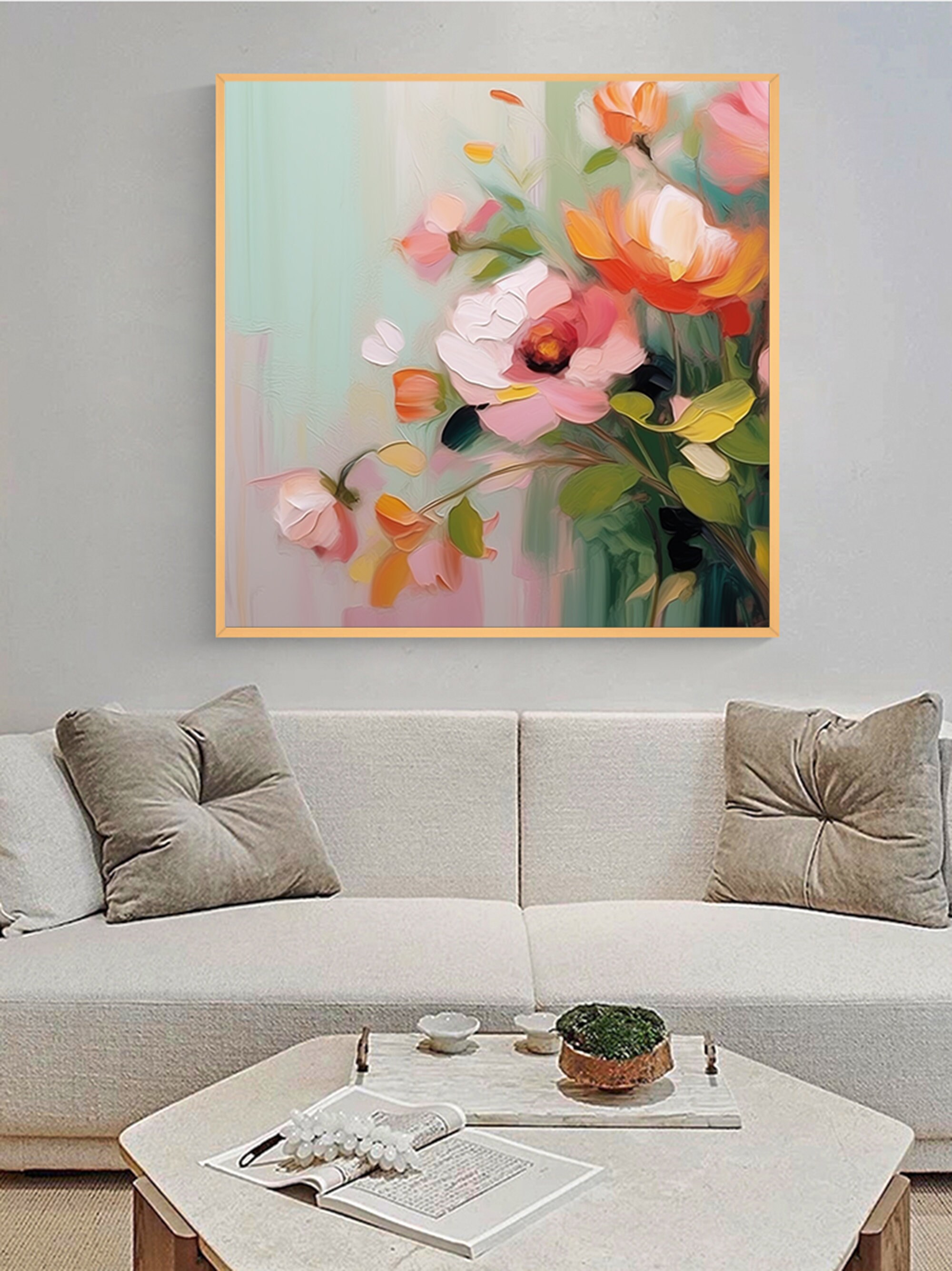 抽象的な花の咲く絵画、キャンバスに描かれた大きなオリジナルの花の