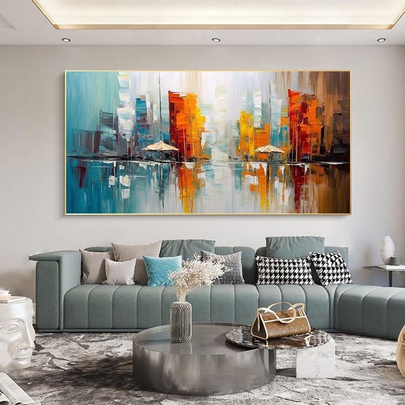 Abstract Colorful Cityscape Painting on Canvas Textured Palette Knife  Artwork Rich Colors Home Wall Decor Office Wall Art home decor